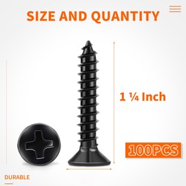 100 PCS #6 X 1-1/4 inch Black Oxide Coated Flat Head Phillips Wood Screws, Stainless Steel 18-8 (A2) Fully Threaded 6 X 1-1/4'' Self-Tapping Screw by TPOHH