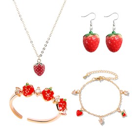 FUTIMELY 4 Pcs Strawberry Jewelry Set Red Strawberry Necklace, Strawberry Earrings, Strawberry Ring, Strawberry Bracelet Cute Food Fruit Charm Jewelry for Woman