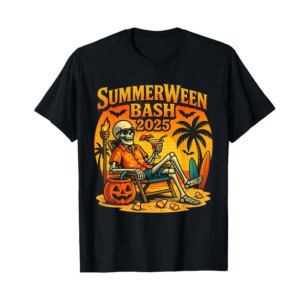 SummerWeen Bash 2025 Skeleton Beach Party Halloween Vibes T-Shirt