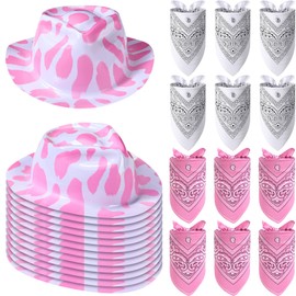 Haysandy 24 Pcs Cow Print Cowgirl Hats Cowboy Hats Bulk with Bandana Felt Cow Party Hats for Women Men Western Costume Party (Pink)