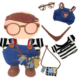 Xerteam Braun 5 Stück 17cm Plüsch Puppenkleidung, Retro Mode Kleidung Zubehör Set, Schwarz-weiß Gestreiftes Oberteil, Jeans-Overall, Segeltuchtasche, Schal, Braune Brille, Geschenke für Mädchen Jungen