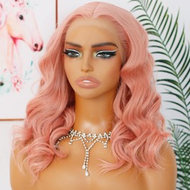 ANDRIA Short Wig Pink Colorful Wavy Wig Lace Front Wig for Women Natural Loose Wave Wigs Synthetic Heat Resistant Fiber Hair Glueless Lace Wigs with Baby Hair for Women 16 Inches