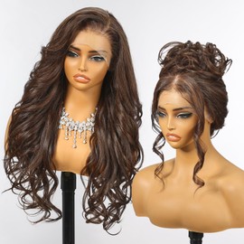 KOME Brown Synthetic Lace Front Wig,13×6 Water Wave Pre Plucked HD Lace Glueless Wig for Women,Natural Daily Use Hair Wig 24IN(4/30)