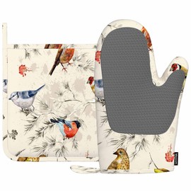 Mxocom Bullfinch Snowbird Tit Woodpecker Silicone Oven Mitts and Pot Holders Sets Bright Birds on Branches with Flowers BBQ Gloves for Kitchen,Cooking,Baking,Grilling