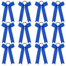DEEKA 12 PCS Collegiate Style Long Tail Skinny Ponytail Holder Handmade Bows for Girls Teens Softball Cheerleader Sports - Royal Blue
