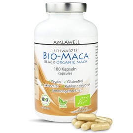 Amlawell Black Organic Maca Capsules - Vegan - Peru - Lactose and Gluten Free - Made in Germany - 180 Capsules in a Pack - DE-ÖKO-039