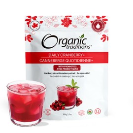 Organic Traditions Daily Cranberry+, Cranberry Powder from 100% Organic Cranberries, Unsweetened No Added Sugar Cranberry Drink Supplement, 3.5oz (100g) Bag