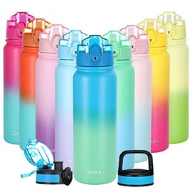 20 oz Kids Water Bottle with Straw/Chug/Wide Mouth 3 Lids/10 Stickers/Fruit Strainer/Stainless Steel Water Bottles Double Wall Vacuum Insulated One-Click-Open/Carabiner Designed Leakproof for School
