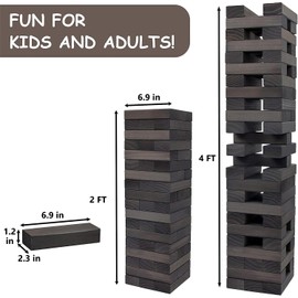 Juegoal 54 Piece Giant Tumble Tower Grey for Adult Kids Family, Wooden Block Stacking Game with Gameboard & Canvas Bag, Outdoor Games for Backyard Lawn Party Playing, 6.9 x 6.9 x 24 Inches,X-Large