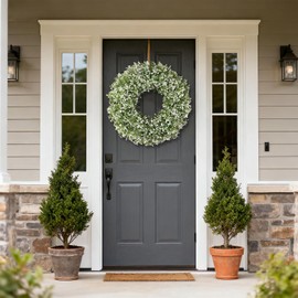 26" Large Artificial Boxwood Wreath for Front Door(White-Green)