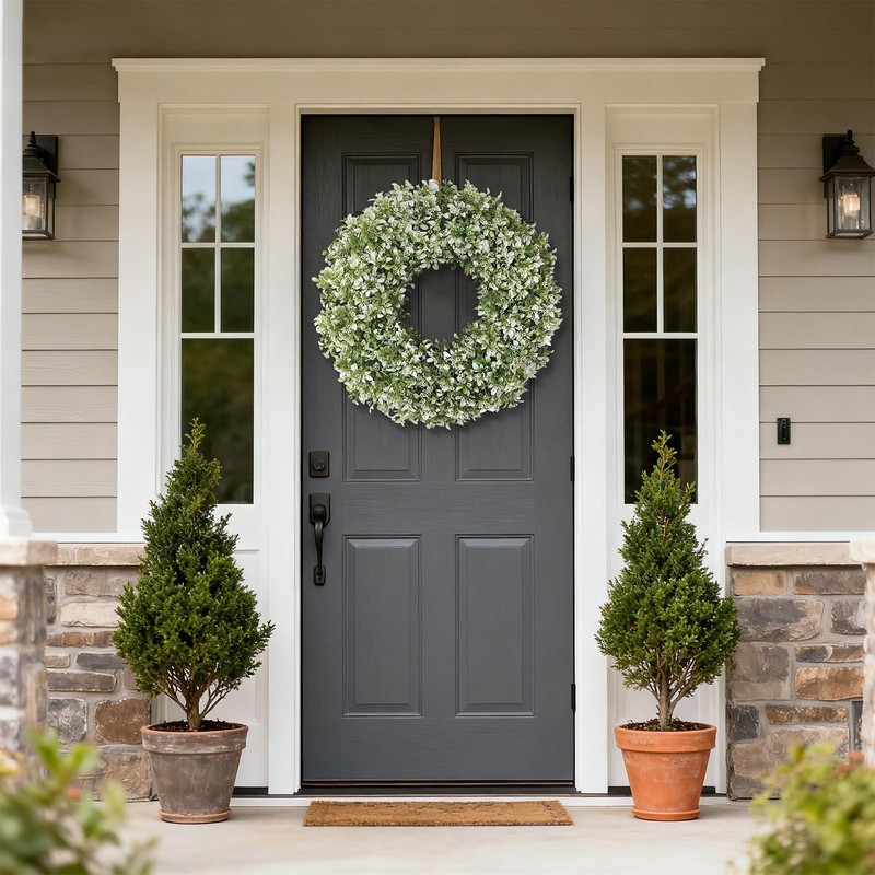 26" Large Artificial Boxwood Wreath for Front Door(White-Green)