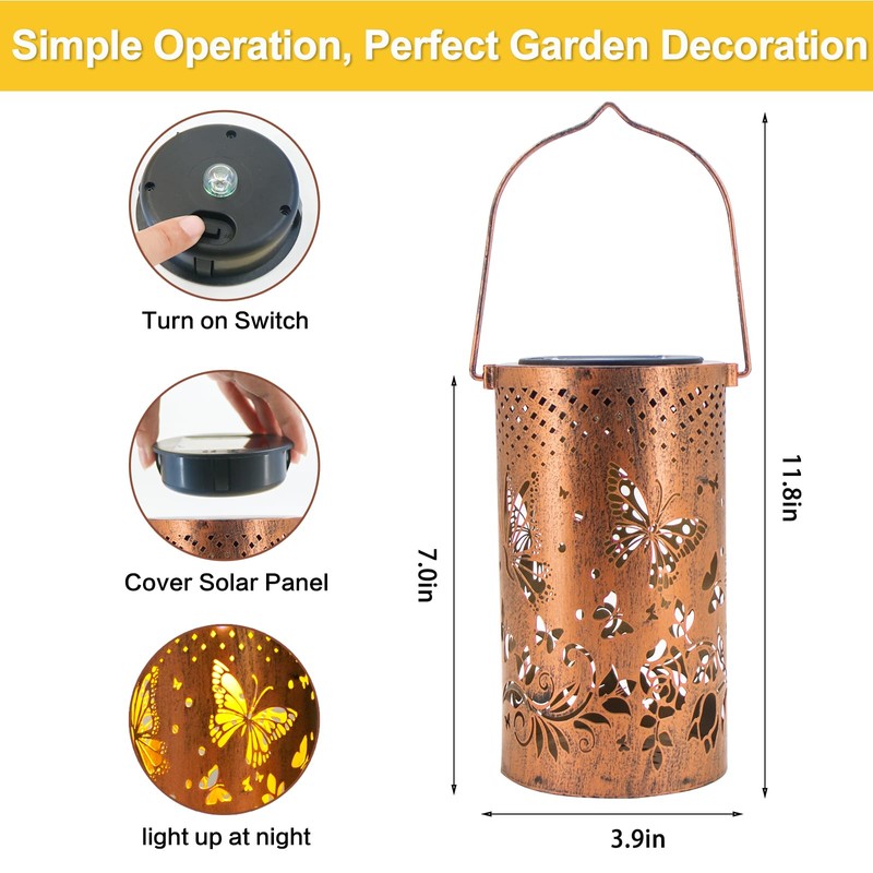 Butterfly Solar Lanterns Outdoor Hanging, Hollowed-Out Metal Waterproof LED Garden