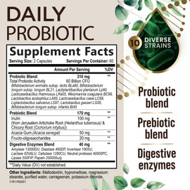 Probiotics 60 Billion CFU + 10 Strains - Daily Probiotic Lactobacillus Blend for Immune, Digestive & Gut Health Support, Prebiotics and Probiotics, Gas & Bloating for Women & Men - 120 Capsules