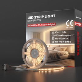 Shine Decor LED Strip 2 m, AC 220 V 230 V IP65 Waterproof LED Strip, SMD 2835 120 LEDs/m Ultra High Brightness Light Strip for Home Decoration Kitchen Garden LED Lighting (2 m, Warm White)