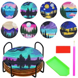 VEGCOO 8 Pcs Diamond Painting Coasters with Holder, DIY Cup Coasters Diamond Art Kits - Diamond Painting Kits for Adults Kids - Wooden Coasters for Car Home Office (Landscape)