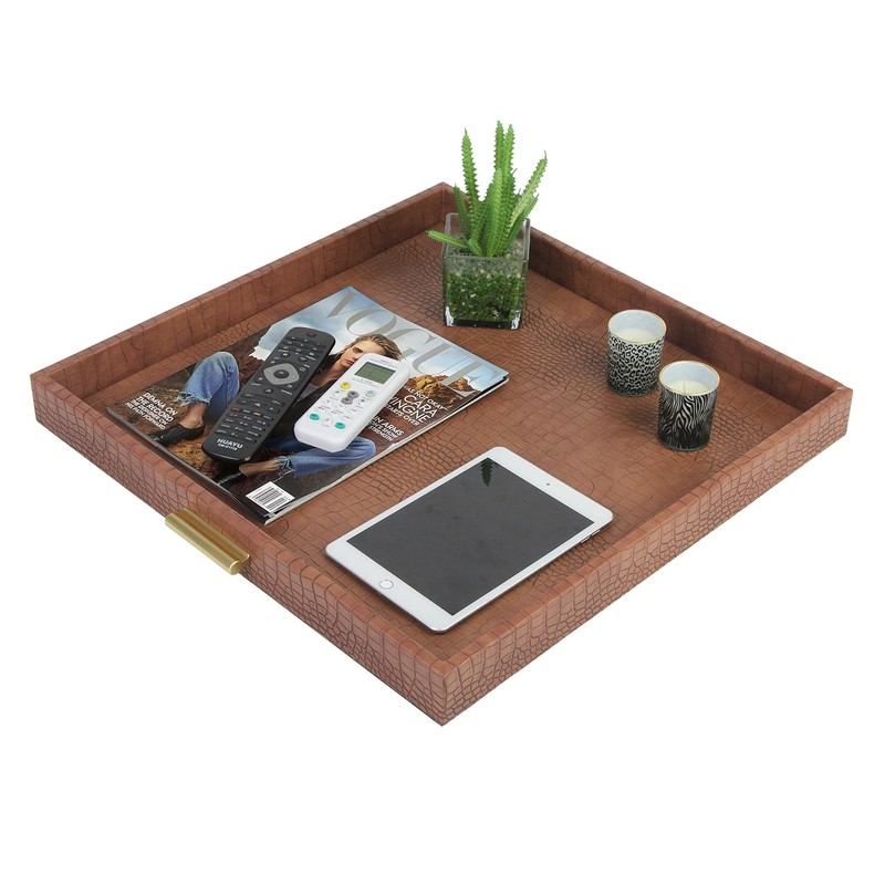 HofferRuffer Elegant Decorative Serving Tray, 20"x20" Square Faux Leather Ottoman