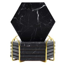 Warmroom Absorbent Hexagon Black Marble Coasters for Drink with Gold Holder and Cork Base Set of 6 Decorative Tabletop Protection for Bar Kitchen Home and Dining Room