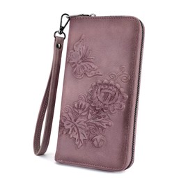 VIMUTI Womens Wallets Rfid Blocking Clutch Long Wallet for Women,Large Capacity Ladies Wallets with Card Slots and Phone Holder Embossed Flower Leather Travel Purse Wristlet Purple