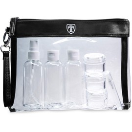 TRAVANDO ® Ryanair Aeroplane Bag Transparent with 7 Containers (Max. 100 ml) - 1 Litre Cosmetic Bag for Liquids - Complies with International Flight Safety Regulations for Hand Luggage, Black with container, Toiletry bag