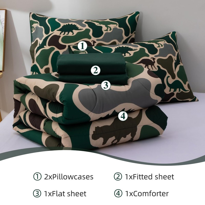 Holawakaka Boys Dinosaur Camouflage Comforter Set with Sheets, Twin Size