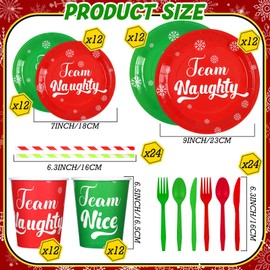 Sliner 192 Pcs Christmas Naughty Nice Party Supplies 9" 7" Naughty and Nice Dinner Paper Plates Cups Napkins Red Green Paper Drinking Straws Neon Forks Knives Spoons for Christmas Birthday Party