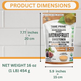 Tame prime USDA Organic Brown Monkfruit sweetener with Allulose from figs, 1 lb (454 g), 1:1 sweet like brown sugar, organic monk fruit without erythritol, 0 calories, 0 Glycemic index, Keto brown sugar, golden granulated, organic brown sugar substitute