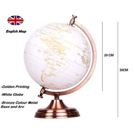TOPGLOBE 20cm Globe Golden and White Colour Metallic - Wedding Guest Book Globe - Metal Arc and Base- for School, Home, Office (English)