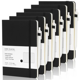 Coopay 6 Pack A5 Journal Notebook with 6 White Pens Bulk Classic Ruled Hardcover Leather Journal Set with Pen Holder for Men Women Writing Office Home School Business, 100GSM, 8.3” x 5.5” (Black)