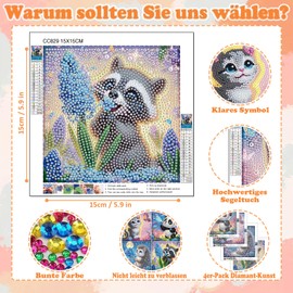 Set of 4 Diamond Painting Children's Animals, Panda Hedgehog Raccoon Cat Diamond Painting Pictures Children, Animals Diamond Painting Kids from 4 6 8 10 12 Years (15 x 15 cm)