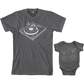 Turntable & Speakers Infant Bodysuit & Men's T-Shirt Matching Set (Baby: 6M, Charcoal|Men's: XL, Charcoal)