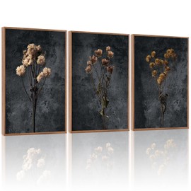 LHIUEM Dark Moody Wildflowers Framed Canvas Wall Art Set of 3(12”X16”) Minimalist Wildflower Wall Decor Vintage Black Flower Botanical Painting Aesthetic Floral Artwork for Living Room Bedroom Office