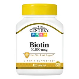 Biotina 21st Century 10,000 Mcg Para Cabello Piel Y Uñas 120 Tabletas