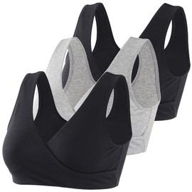 MANCI Cotton Sleep Bra, Comfortable Non-Wired Bra Maternity Bra for Breastfeeding, Pregnancy & Breastfeeding, Black+Black+Grey