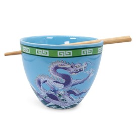 Bowl Bop Blue Dragons Japanese Ceramic Dinnerware Set | Includes 16-Ounce Ramen Noodle Bowl and Wooden Chopsticks | Asian Food Dish Set For Home & Kitchen | Kawaii Anime Gifts and Collectibles