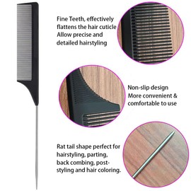 1 Pack Stainless Steel Rat Tail Comb for Parting Hair, Pintail Hair Parting Comb with Metal Pick on End, Black Anti Static Carbon Fiber Fine Tooth Teasing Brush for Men and Women