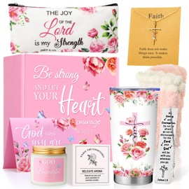 Hushee Christian Gifts Set for Women Religious Birthday Gifts Basket Box for Women Faith Spiritual Inspirational Catholic Gift Bible Verse Tumbler Makeup Bag Candle for Mother's Day Teacher Mom Nurse