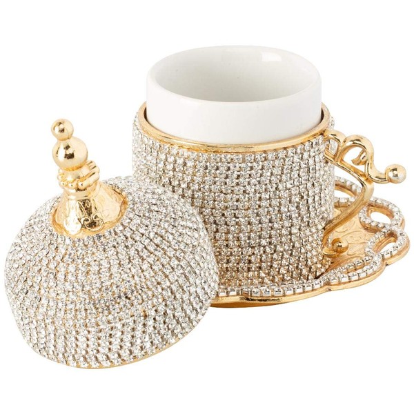 DEMMEX Turkish Coffee Espresso Cup with Inner Porcelain, Metal Holder, Saucer and Lid (Gold with Crystals)