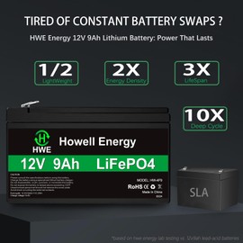 HWE Energy 12V 9Ah Lithium Battery, Deep Cycles Rechargeable LiFePO4 Battery 4000+ Cycles 15A BMS Replacement for Alarm System, Fish Finder, Lighting, Power Wheels, UPS, Ride on Toys, F1 & F2 Terminal