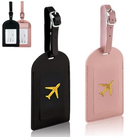 2Pcs PU Leather Luggage Tags,Letter Luggage Tags for Suitcases with Privacy Protection Cover and Adjustable Strap, Travel Suitcase Tags for Couple Suitcases Travelling (Black+Pink)