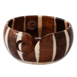 Wood Bowl Holder for Knitting Yarn Crochet Solid Dark Hardwood Portable Antique Design 6" x 6" x 3" Floral Pattern