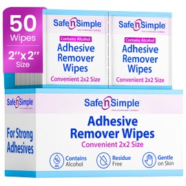Safe n' Simple Adhesive Remover for Skin - 2”x2” 50 Packets - Adhesive Remover Wipes - Adhesive Remover Wipes Alcohol - Medical Isopropyl Alcohol Cleansing Pads Individually Wrapped