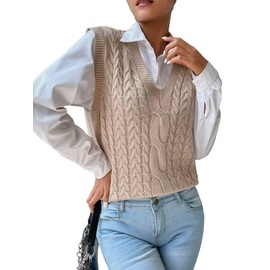 RefindWin Sweater Vest for Women Cable Knit Casual V Neck Ribbed Preppy Pullover Tops Sleeveless Khaki XL