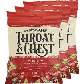 Jakemans Cherry Throat & Chest Lozenges Cough Drops – Cough, Sore Throat and Seasonal Distress Soothing Relief – Liquid Drop Shape – 30 Lozenges (3 Pack)