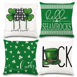 Vellibring St Patricks Day Pillow Covers 18x18 Set of 4, St Patricks Day Shamrocks Pillow Cover Buffalo Plaid Clover Lucky Hat St Patricks Decorative Throw Pillows Farmhouse Decor for Home
