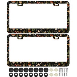 2Pcs Woodland Fern Moth Dragonfly Mushroom Amanita License Plate Frames Cover Holders Stainless Steel Kawaii Goth Black License Plate Cover with Screw Caps Cover Set - 2-Hole
