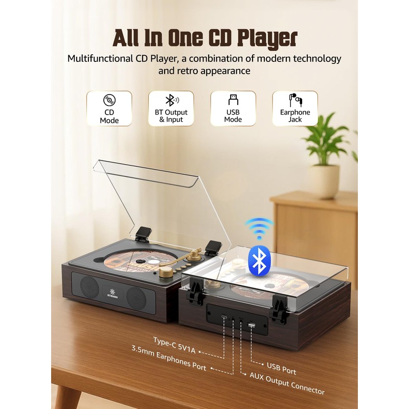 CD Player with Built-in Speakers Bluetooth Retro Portable CD Players