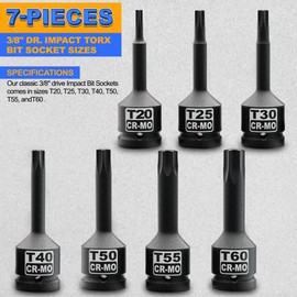 KIRXST Kraft Torx Bit Impact Wrench Nut Set 3/8 Inch T20 - T60, 7-Piece Force Torx Bit Insert Set