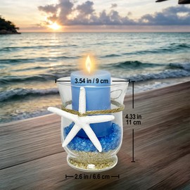 Perfeso.L Beach Tealight Candle Holder Coastal Decor | Glass Hurricane Pillar Votive Candle Holder with Blue Sand Starfish for Beach Wedding Party Decorative Centerpiece Home Shower Gift, Unassembled