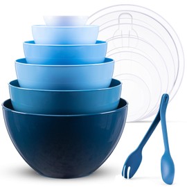 LUXEAR Mixing Bowls with Lids Set, 14 Pieces Plastic Nesting Bowls Includes 6 Prep Bowls, 6 Lids, 2 Cooking Spoons(Can Convert into Tongs), Microwave Dishwasher Safe for Mixing Serving Baking Storing