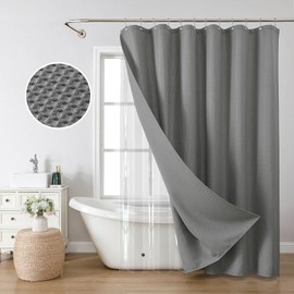 FY&XZH 3 in 1 Waffle Shower Curtain Set, Waffle Fabric Shower Curtain with Waterproof PEVA Liner and 12 Stainless Steel Double Sided Shower Curtain Hooks, Waffle Weave Curtain, 72"x72"（Grey）